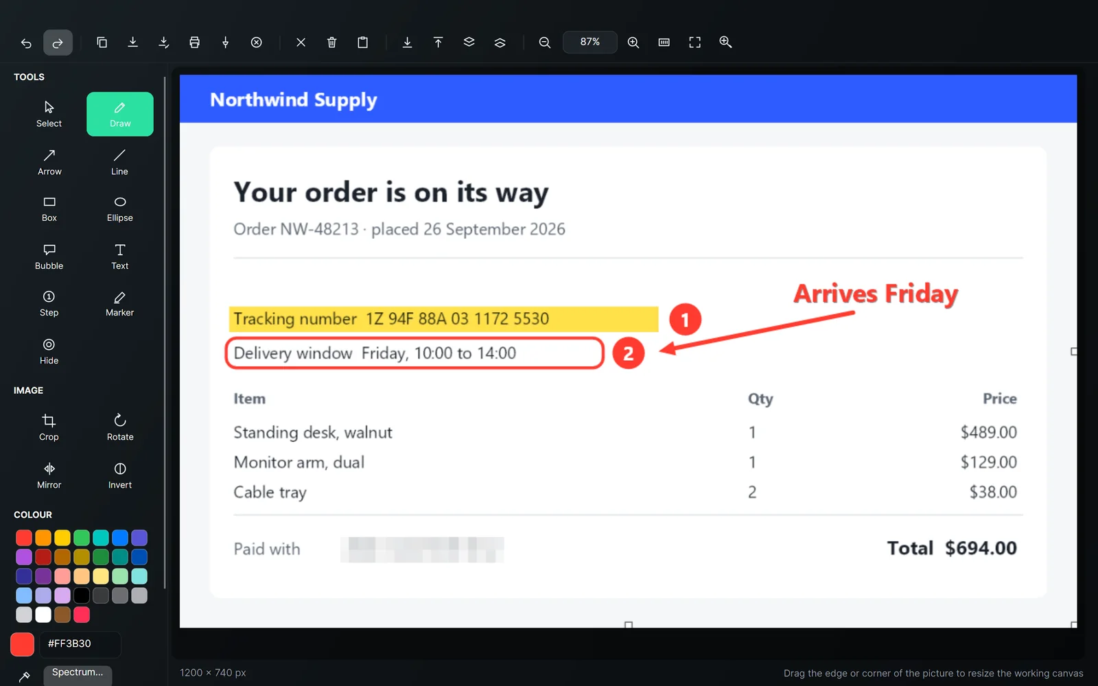 The Oncesnap editor: an order page with the tracking number highlighted, the delivery window boxed, a note and an arrow, and the card number hidden in a mosaic